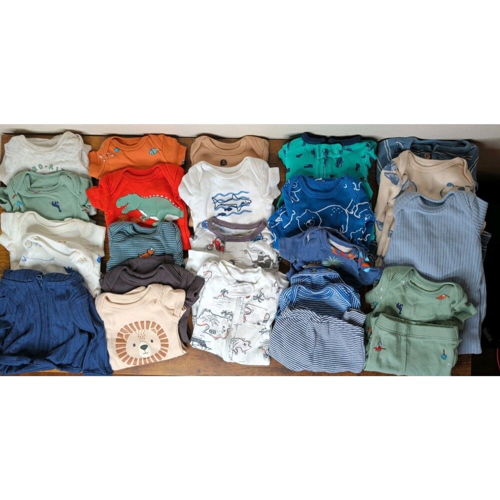 Lot of (24) Preemie Boy's Clothing - Sleepers, One Piece, Pants - Mostly Carters